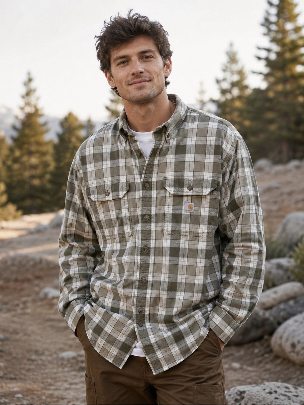 Carhartt Men’s Olive & White Plaid Button-Down Shirt